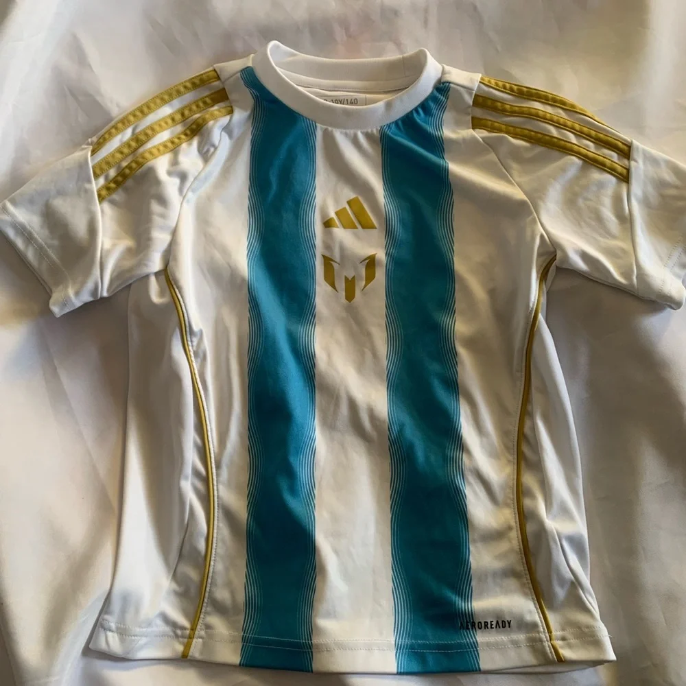 adidas Messi Argentina Logo Jersey Kids Unisex US 5 9-10Y White Teal Gold